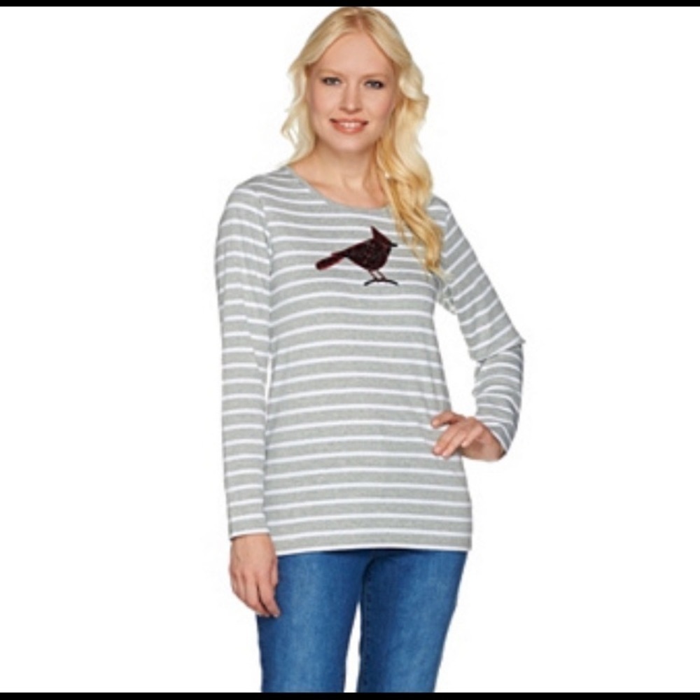 QUACKER FACTORY GRAY STRIPED CARDINAL T-SHIRT